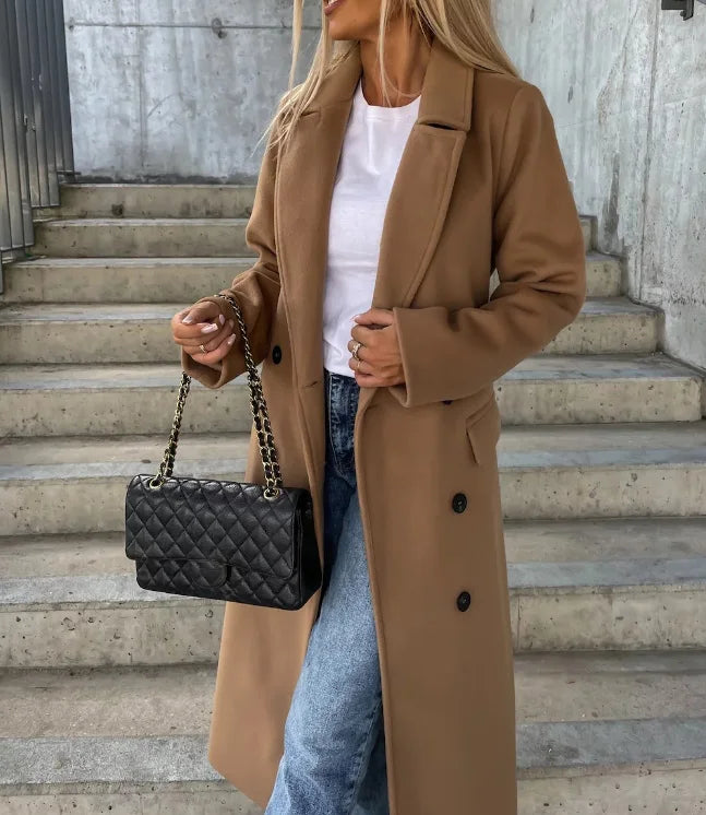 Winnifred Women's Wool Coat – Long Double-Breasted Coat with Structured Cut & Refined Style