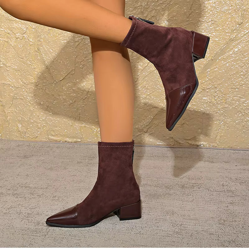 Yannick Ankle Boots for Women – Refined Suede Boots with Patent Accents & Comfy Block Heel