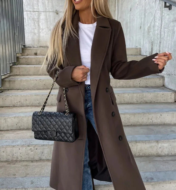 Winnifred Women's Wool Coat – Long Double-Breasted Coat with Structured Cut & Refined Style