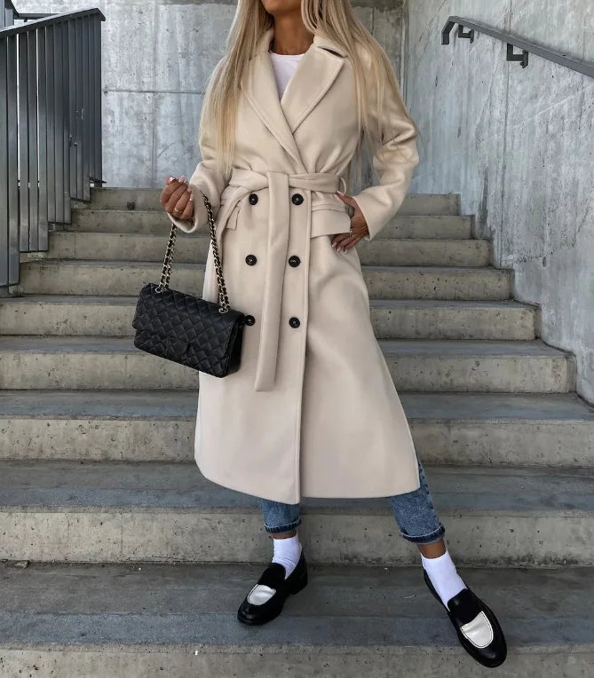 Winnifred Women's Wool Coat – Long Double-Breasted Coat with Structured Cut & Refined Style