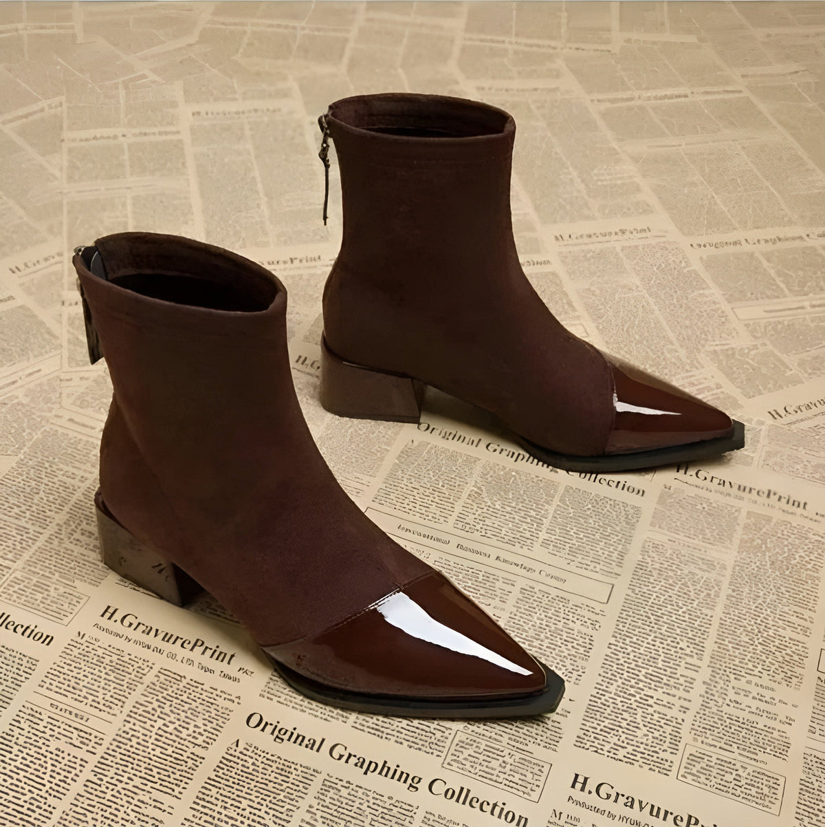 Yannick Ankle Boots for Women – Refined Suede Boots with Patent Accents & Comfy Block Heel