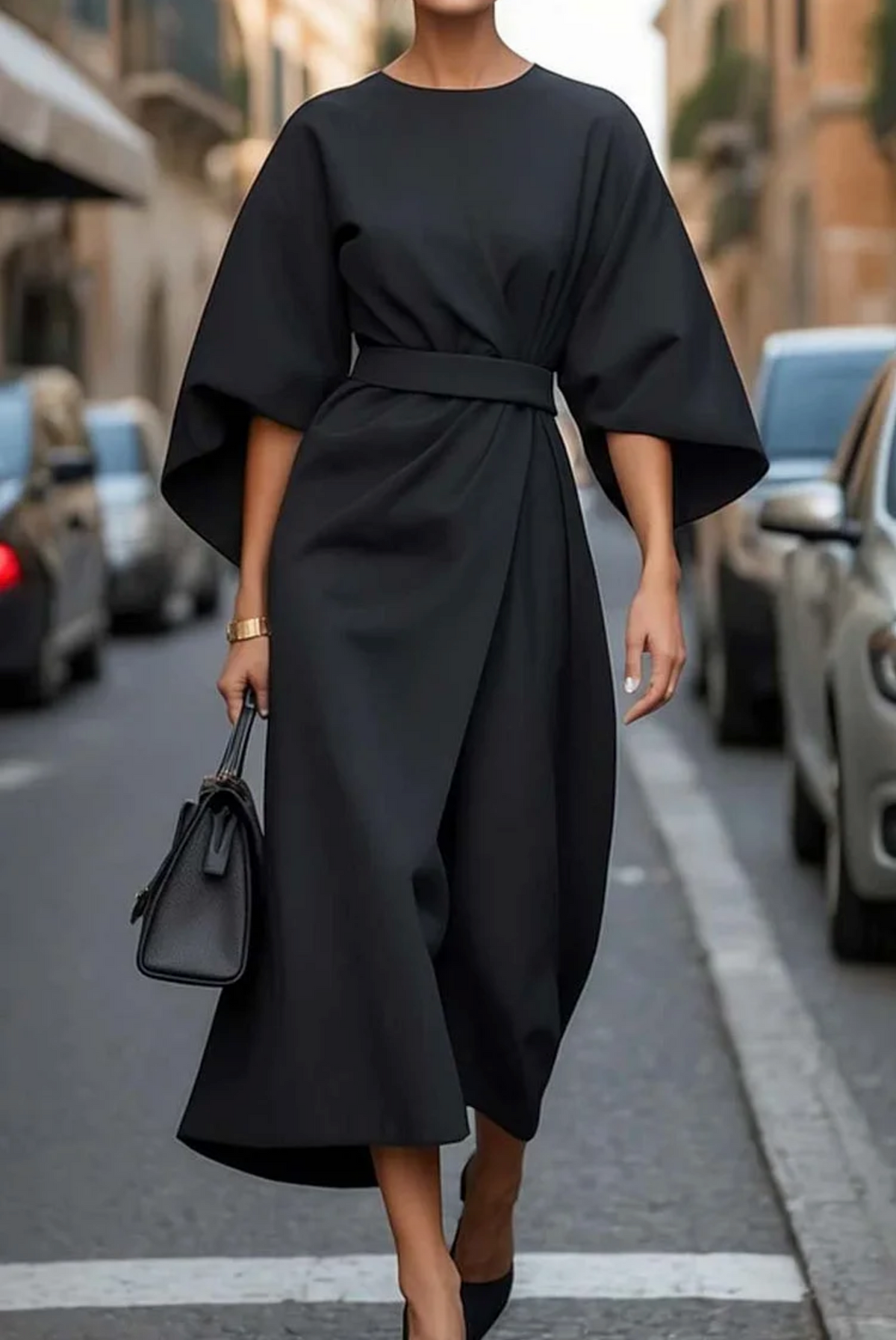 Renata Women's Refined Dress – Feminine Design with Balloon Sleeves and Adjustable Fitted Waist