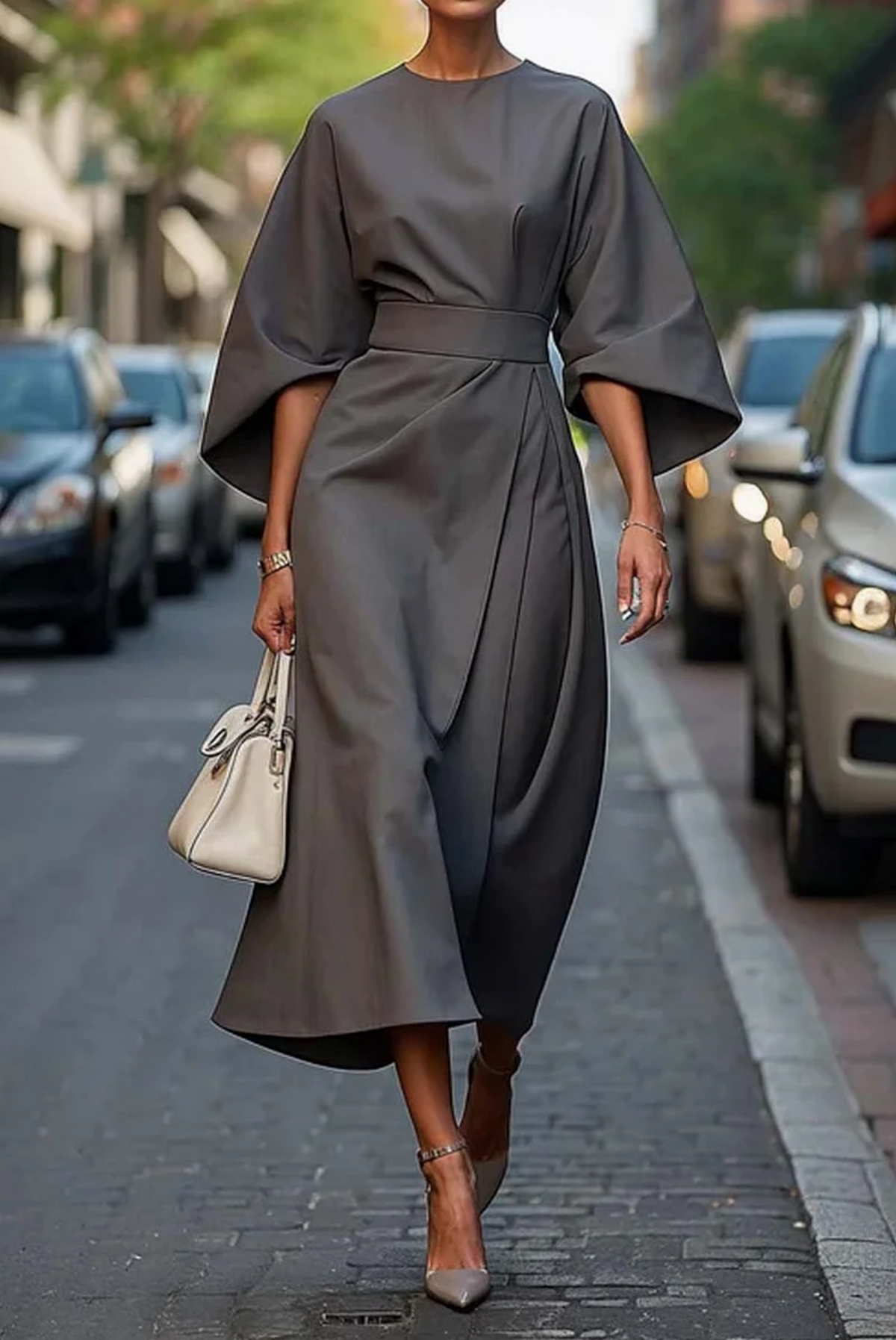 Renata Women's Refined Dress – Feminine Design with Balloon Sleeves and Adjustable Fitted Waist