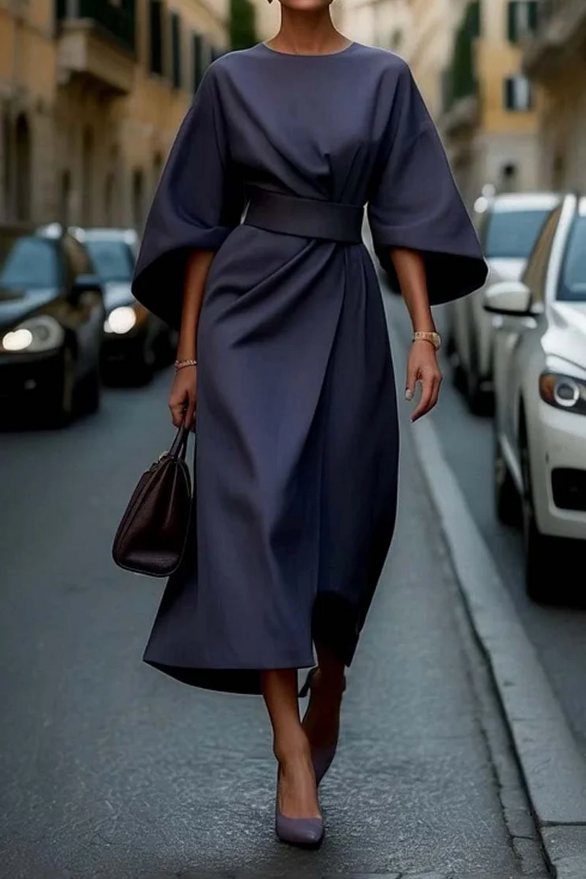 Renata Women's Refined Dress – Feminine Design with Balloon Sleeves and Adjustable Fitted Waist
