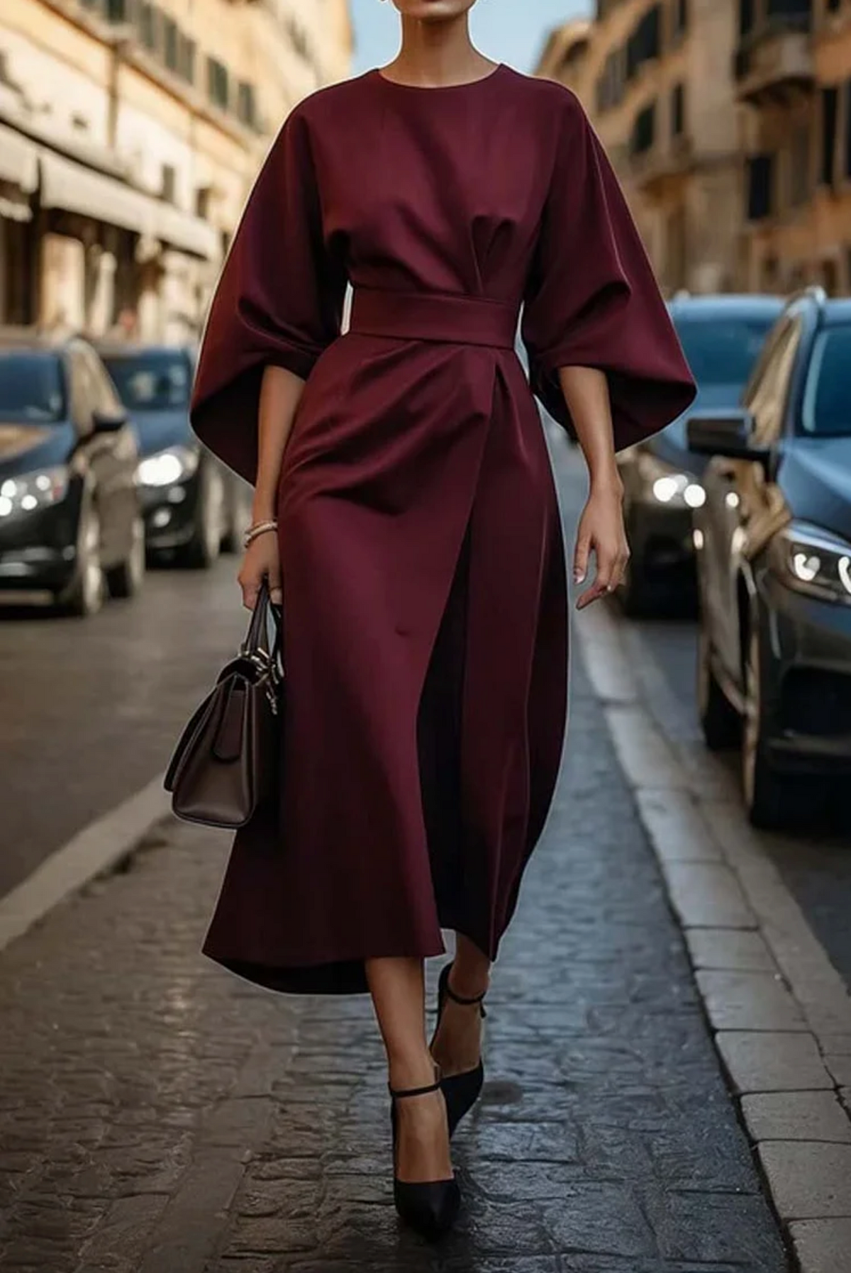 Renata Women's Refined Dress – Feminine Design with Balloon Sleeves and Adjustable Fitted Waist