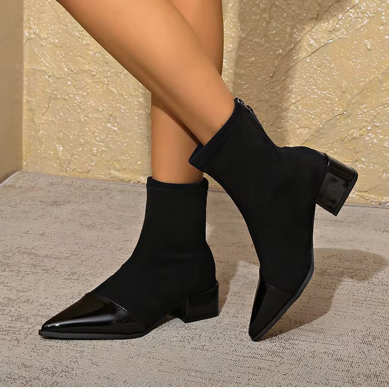 Yannick Ankle Boots for Women – Refined Suede Boots with Patent Accents & Comfy Block Heel