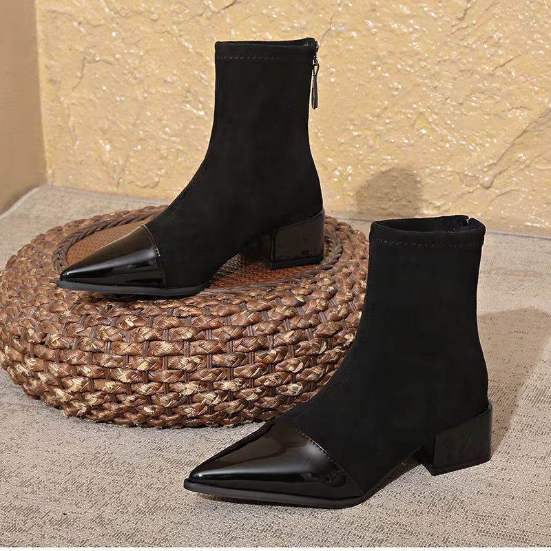 Yannick Ankle Boots for Women – Refined Suede Boots with Patent Accents & Comfy Block Heel