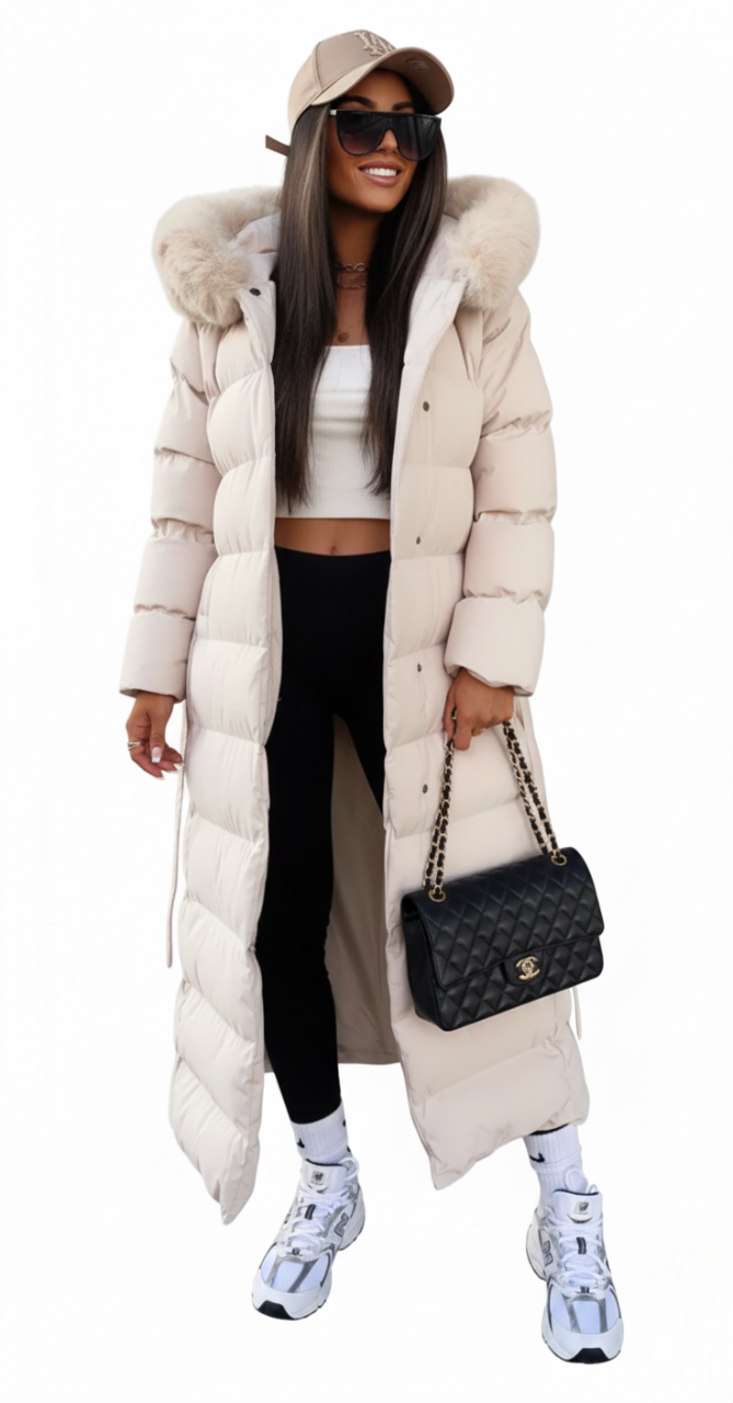 Faolan Women's Long Winter Coat – Sophisticated Puffer Coat with Faux Fur Collar and Belt