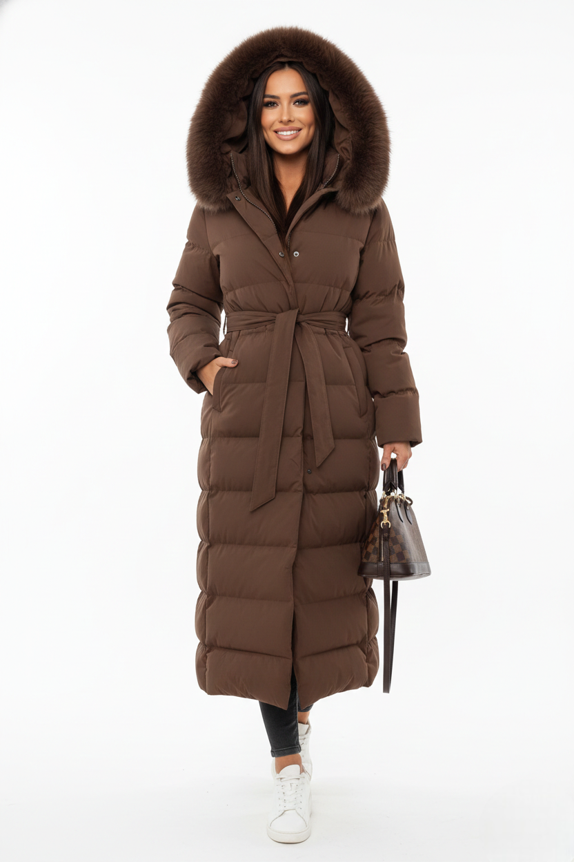 Faolan Women's Long Winter Coat – Sophisticated Puffer Coat with Faux Fur Collar and Belt