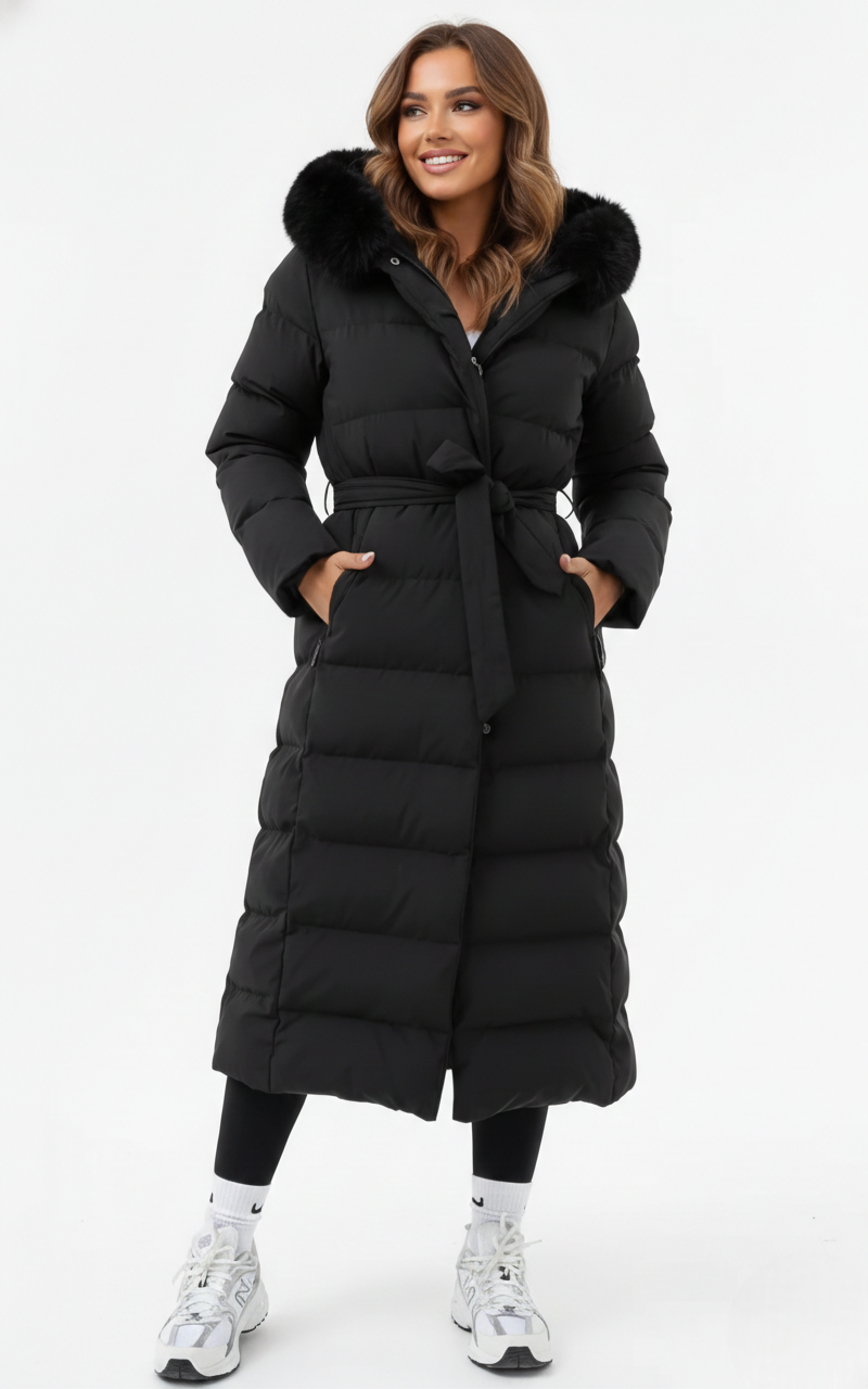 Faolan Women's Long Winter Coat – Sophisticated Puffer Coat with Faux Fur Collar and Belt
