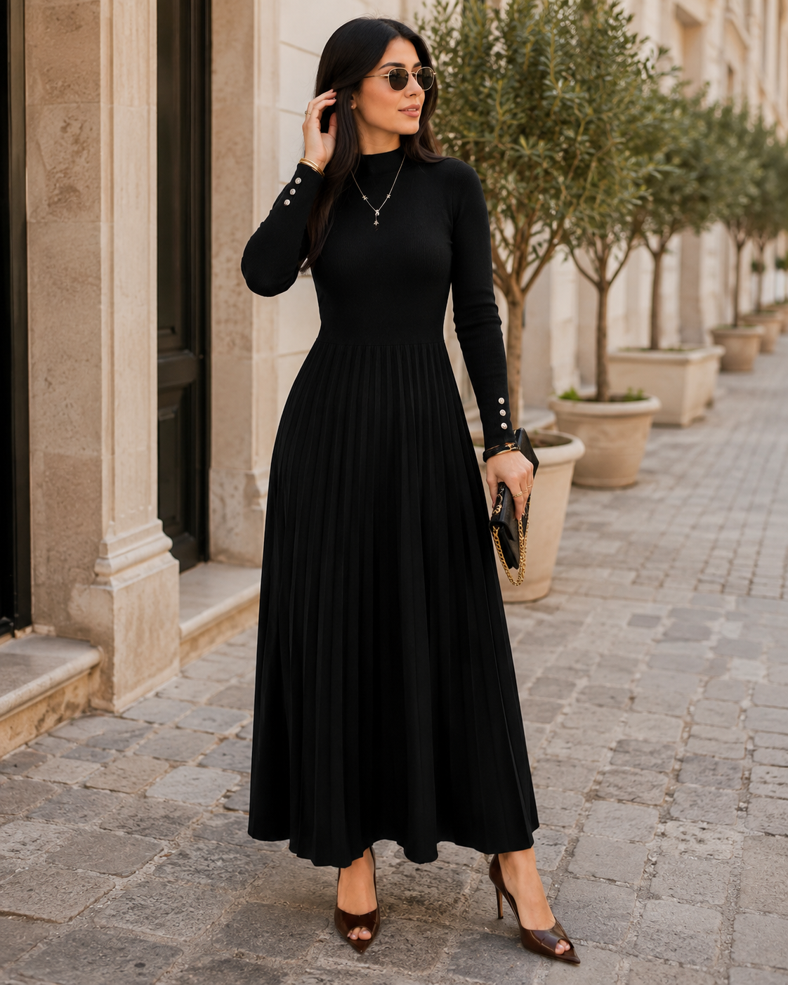 Ulyana Women's Pleated Dress – Fitted Bodice, Flowy Skirt & Sophisticated Silhouette