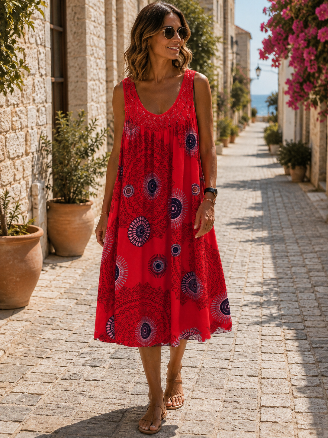 Xylia Women's Midi Dress – Artistic Print, Flowy Easy Fit & Lightweight Design