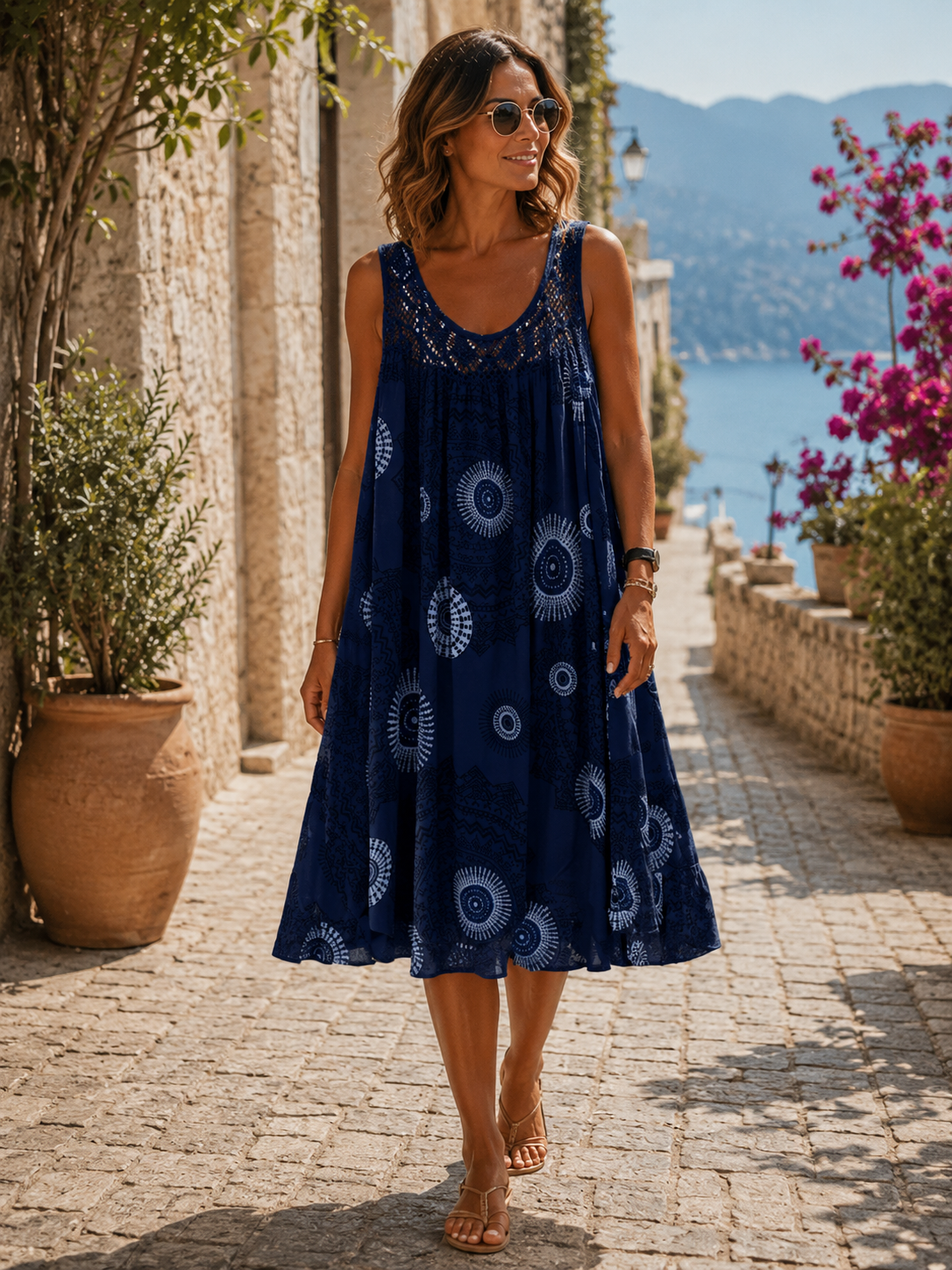Xylia Women's Midi Dress – Artistic Print, Flowy Easy Fit & Lightweight Design
