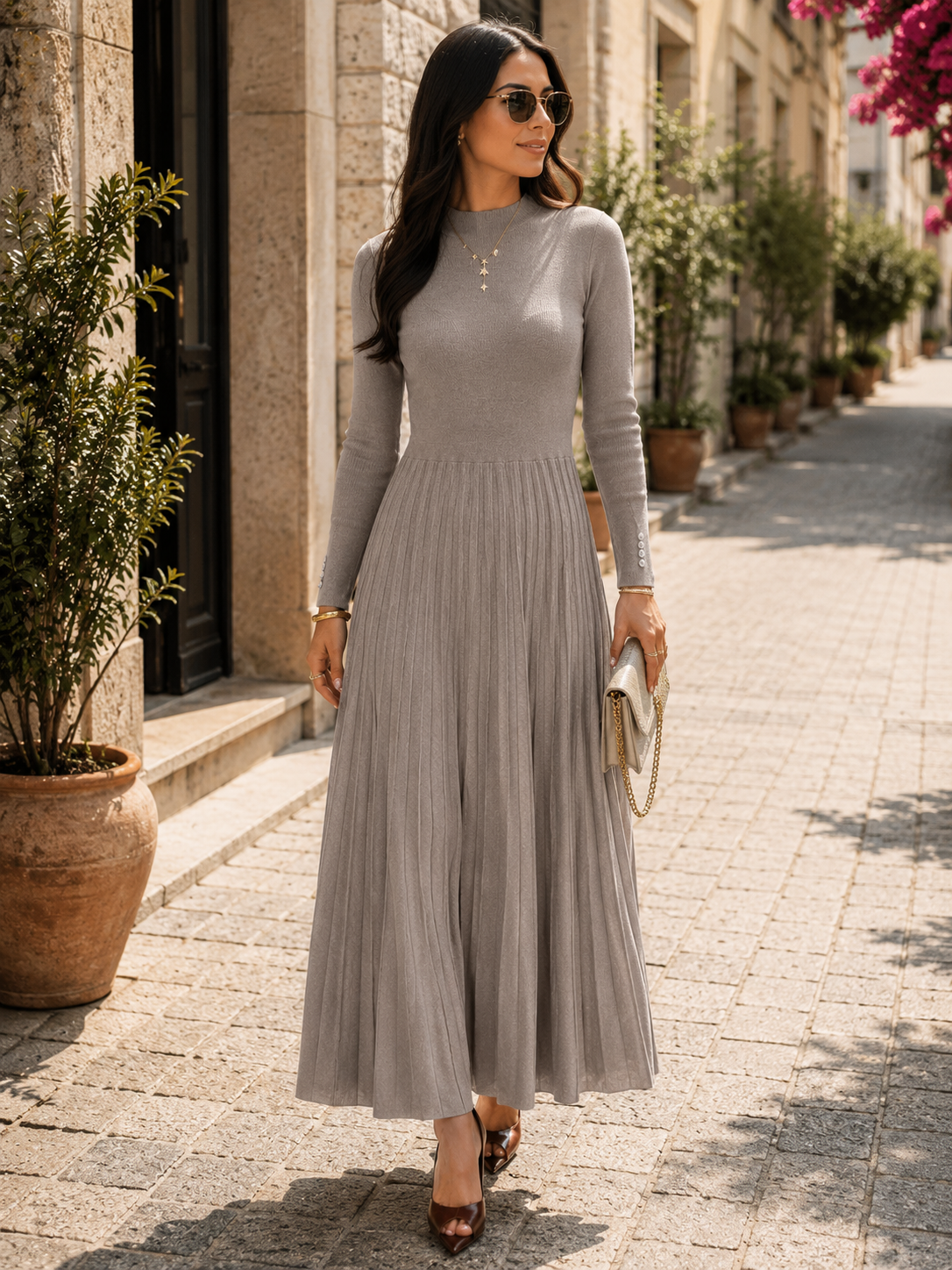 Ulyana Women's Pleated Dress – Fitted Bodice, Flowy Skirt & Sophisticated Silhouette