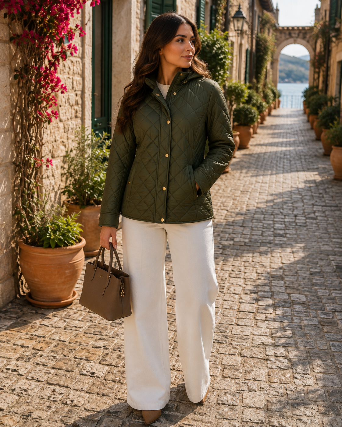 Nessa Women's Quilted Jacket – Gold-Tone Buttons, Zippered Pockets & Corduroy Trim