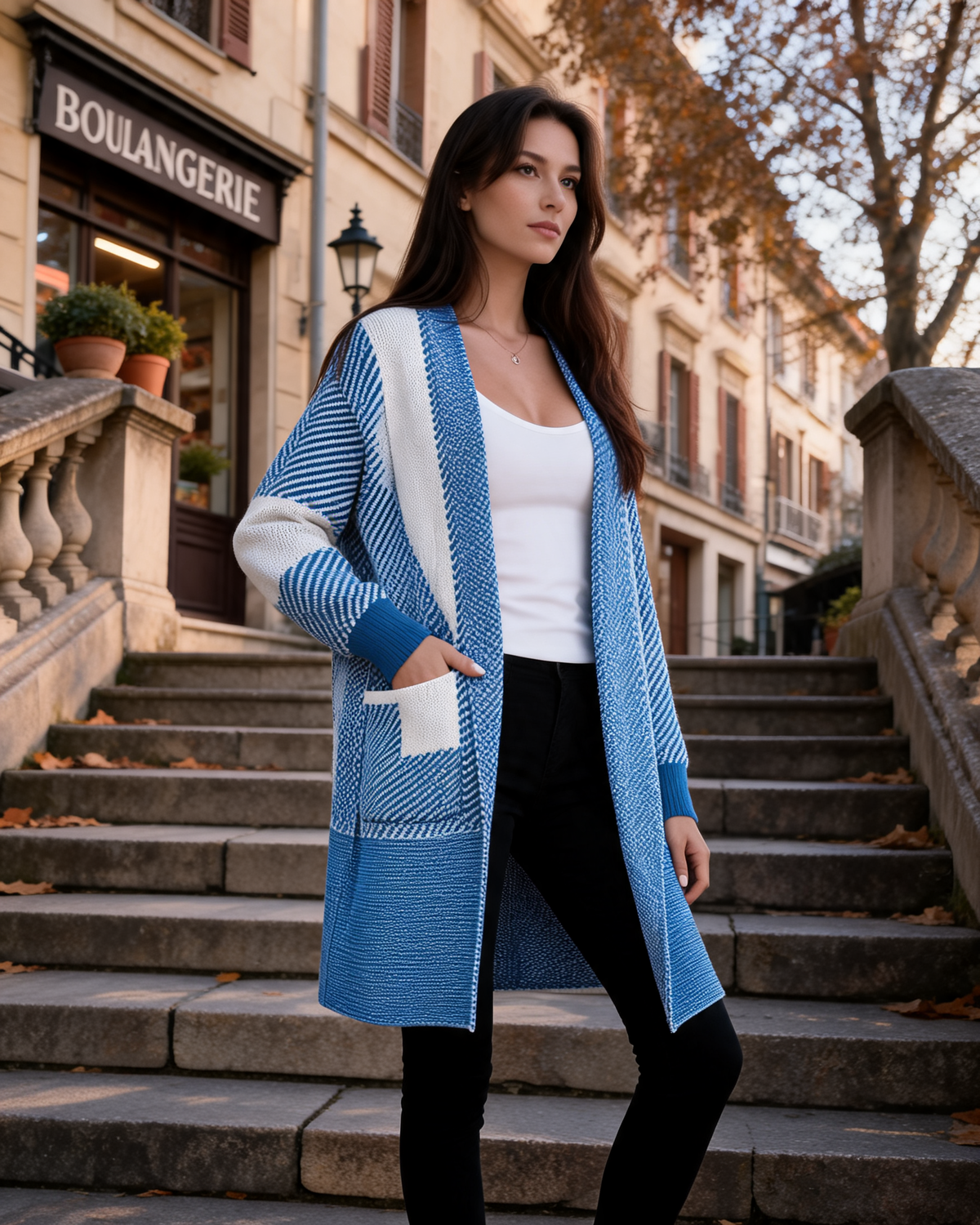 Elaine Women's Oversized Cardigan – Diagonal Pattern, Mid-Length & 2 Side Pockets