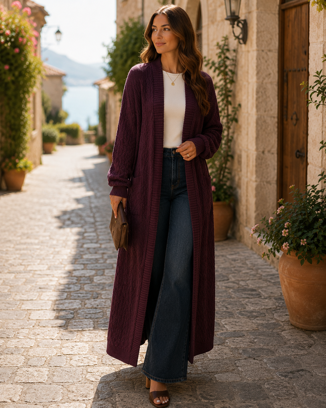 Thalassa Women's Long Knitted Cardigan – Gentle Textured Knit & Open-Front Design