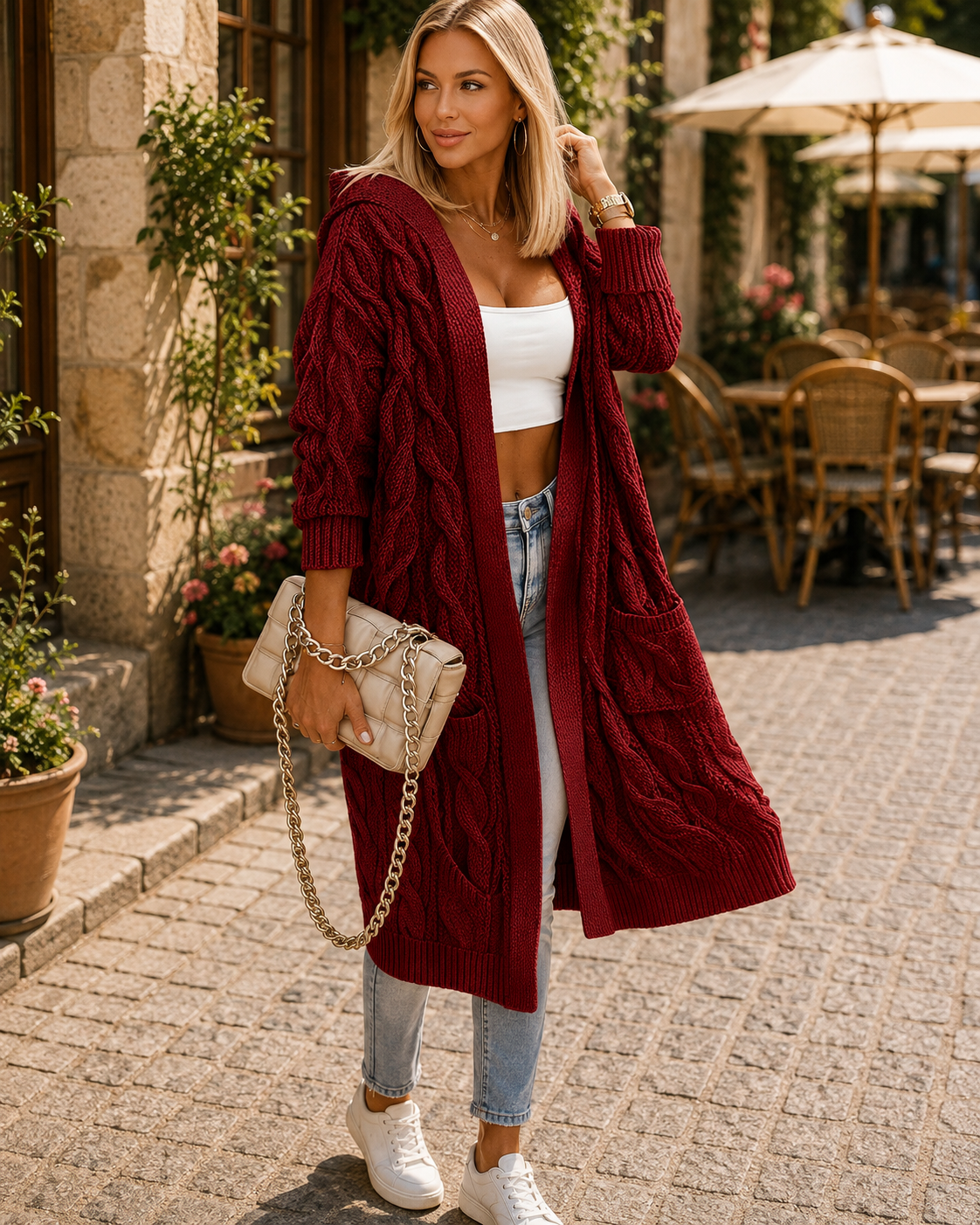 Ciaran Women's Long With Hood Cardigan – Cable Knit, Side Slip Pockets & Roomy Fit