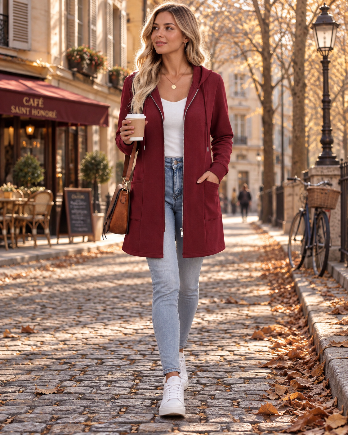 Donna Women's Longline Zip Hoodie – Below-Knee Length, Drawstring Hood & Pockets
