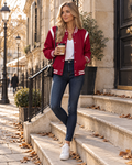 Jean Women's Varsity Bomber Jacket – Snap Front, Colour Block & Striped Trims