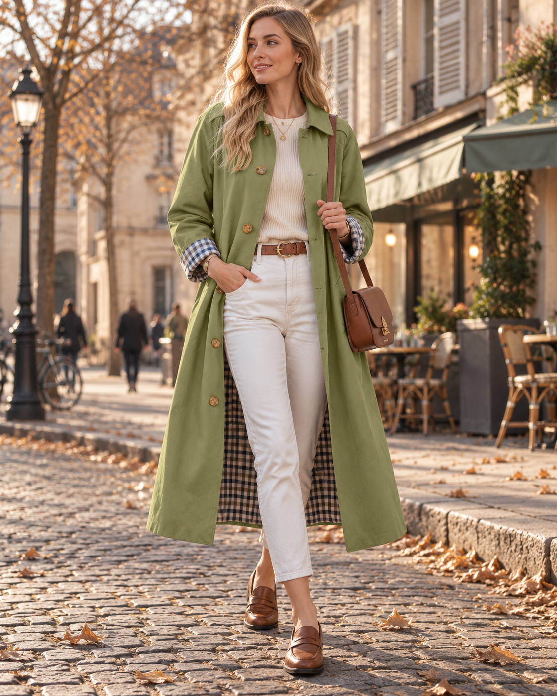 Kalinda Women's Trench Coat – Button-Up Front, Classic Collar & Plaid Lining