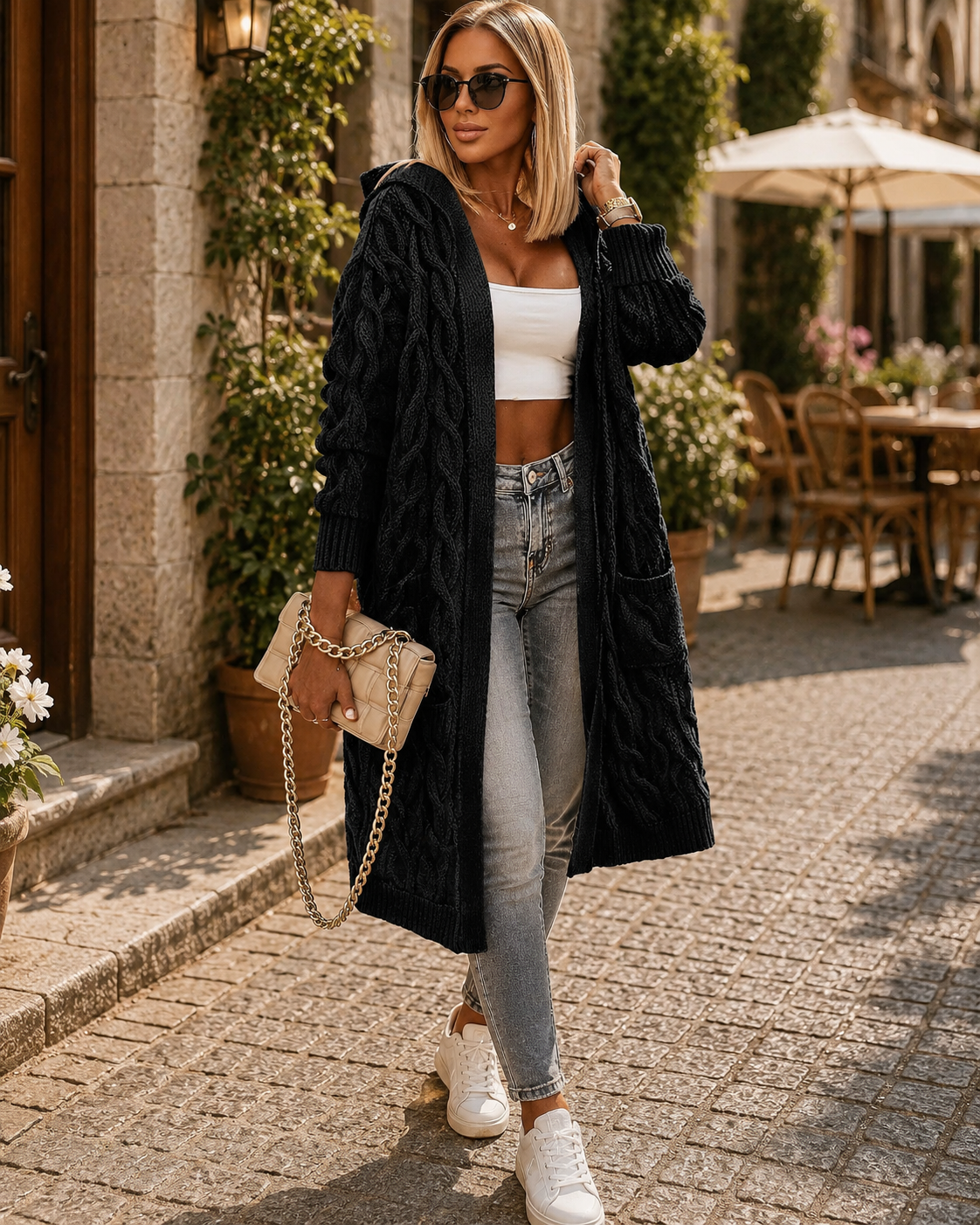 Ciaran Women's Long With Hood Cardigan – Cable Knit, Side Slip Pockets & Roomy Fit