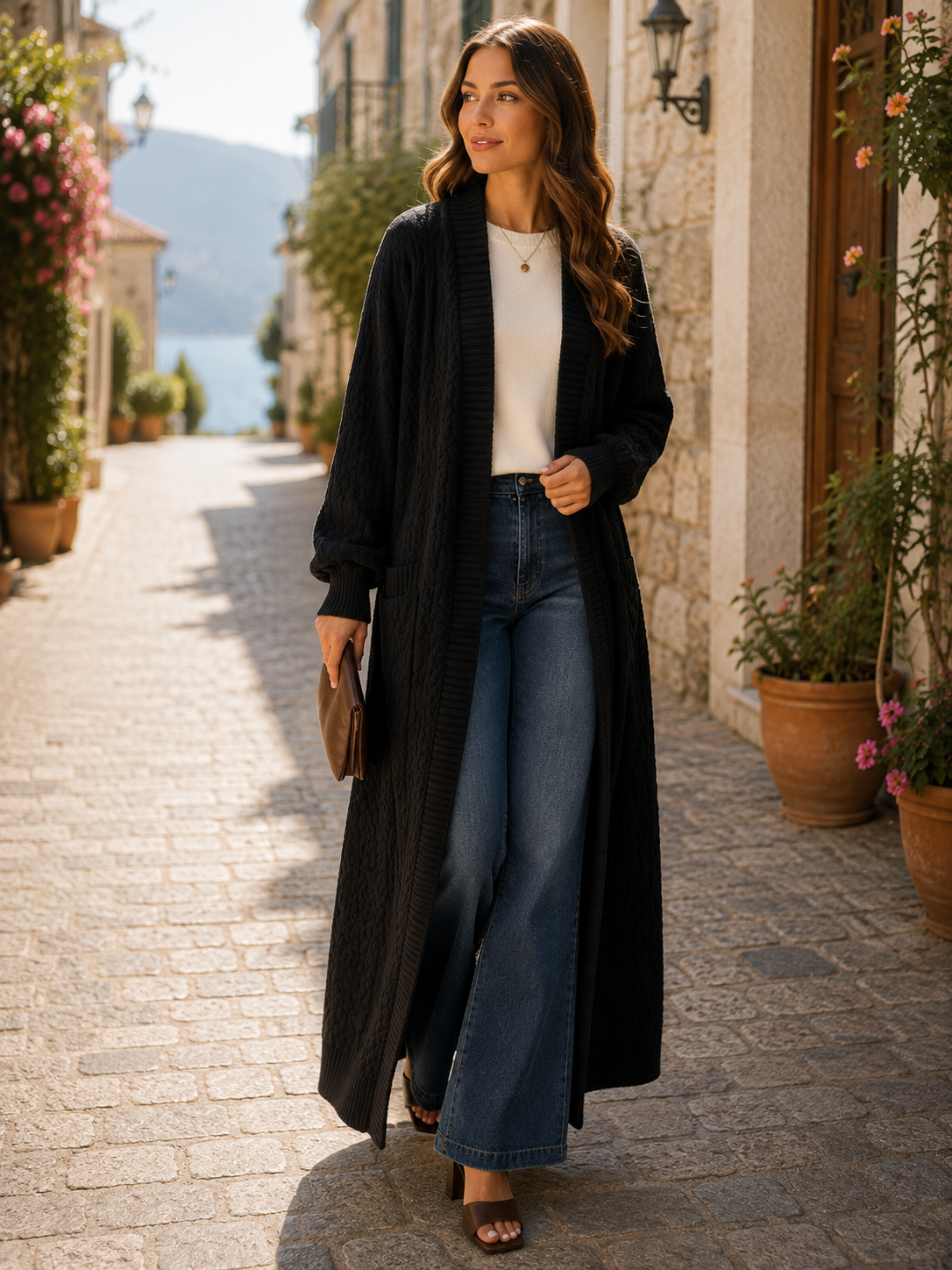 Thalassa Women's Long Knitted Cardigan – Gentle Textured Knit & Open-Front Design