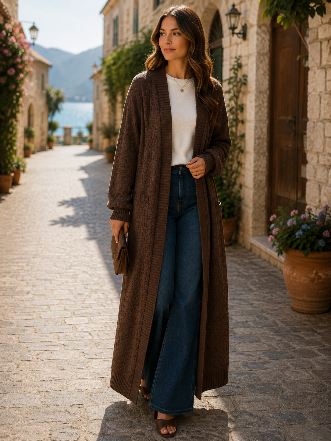 Thalassa Women's Long Knitted Cardigan – Gentle Textured Knit & Open-Front Design