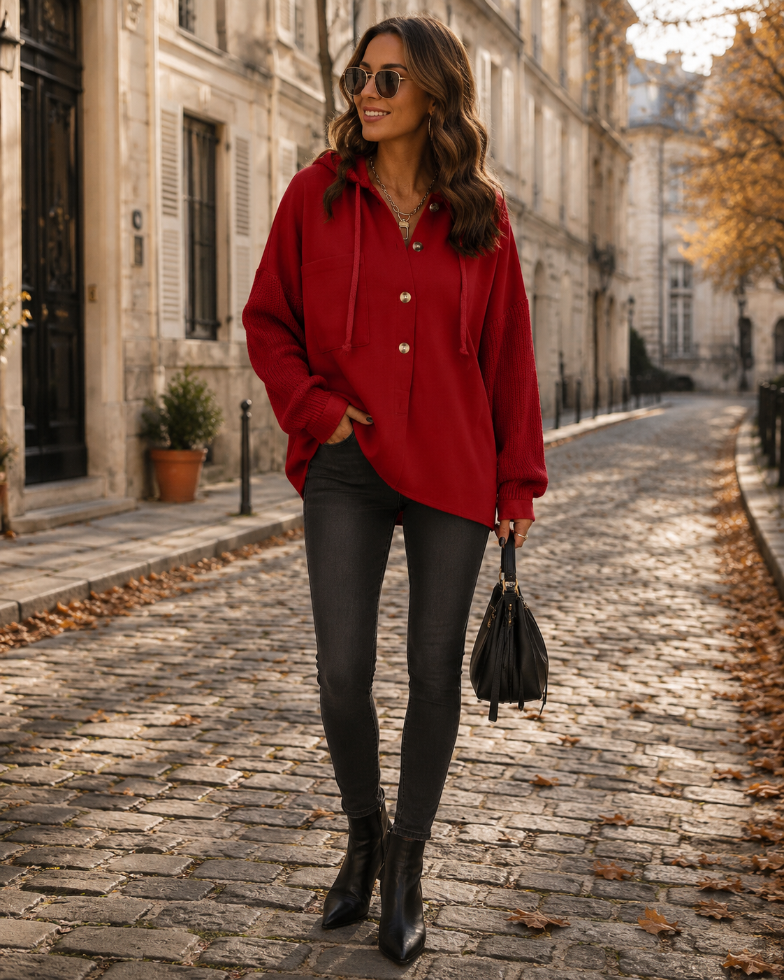 Sorcha Women's Oversized With Hood Jacket – Button-Up Front, Knit Sleeves & Chest Pocket