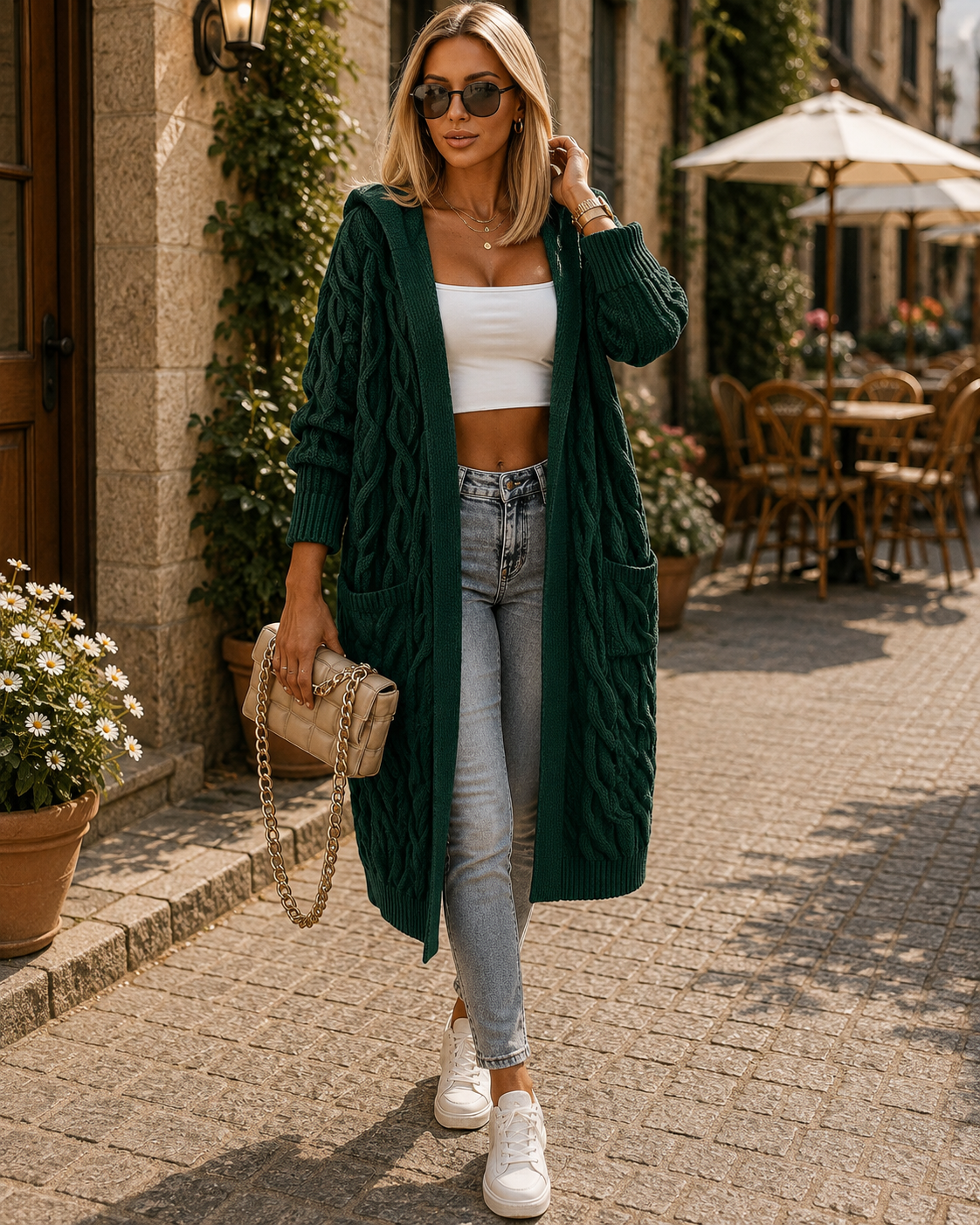 Ciaran Women's Long With Hood Cardigan – Cable Knit, Side Slip Pockets & Roomy Fit