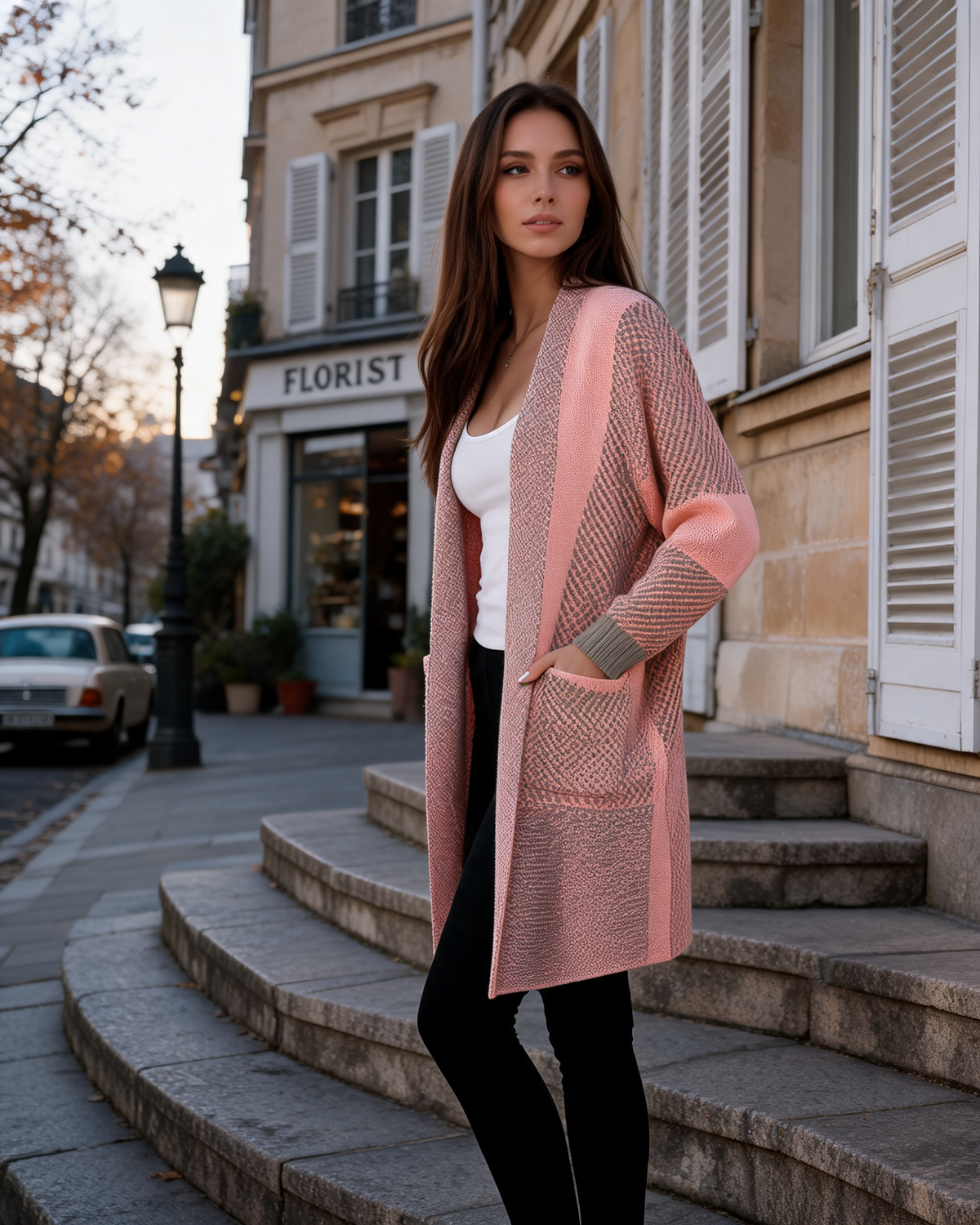 Elaine Women's Oversized Cardigan – Diagonal Pattern, Mid-Length & 2 Side Pockets