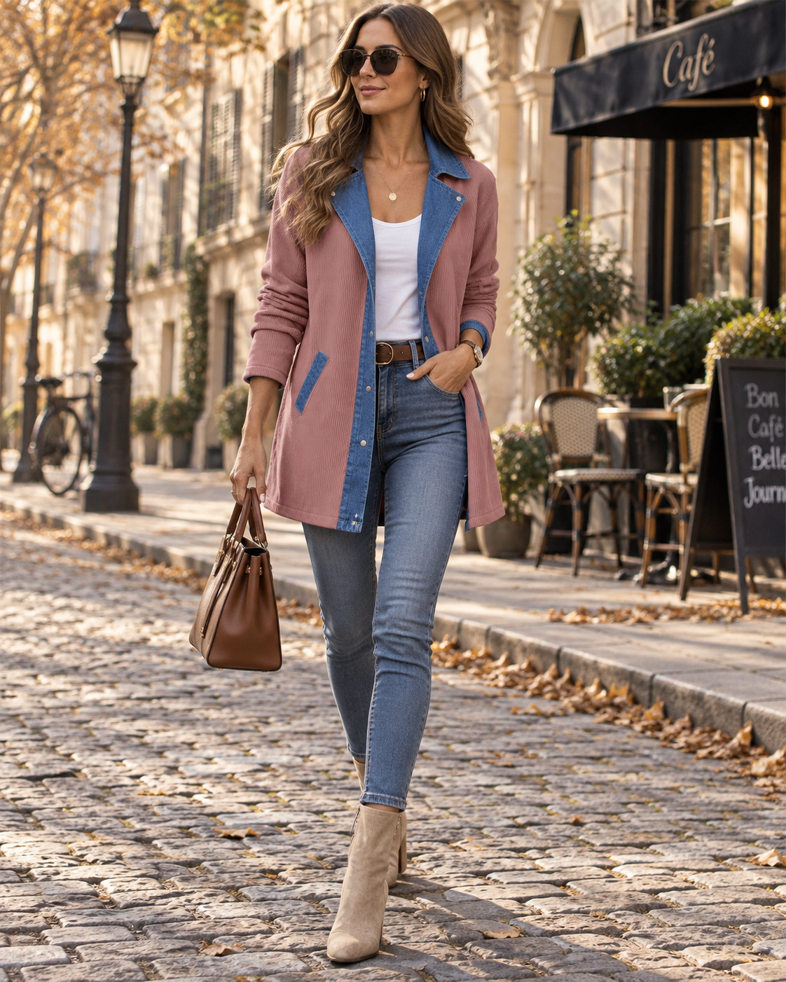 Kristen Women's Knit Denim Jacket – Ribbed Patchwork, Lapel Collar & Button Front