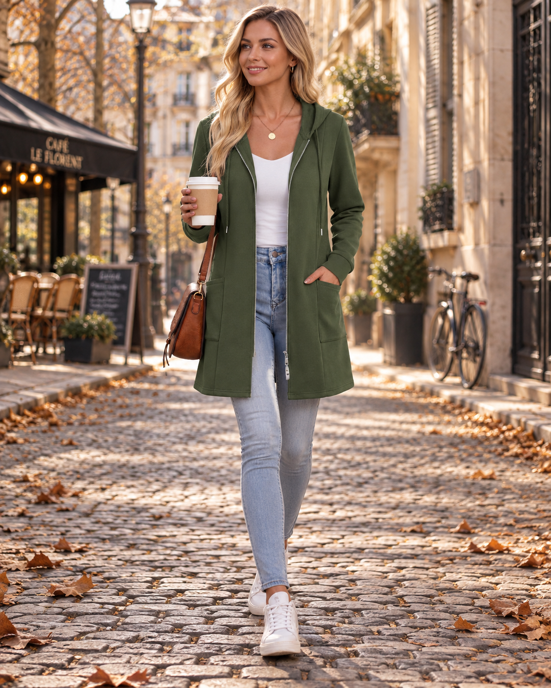 Donna Women's Longline Zip Hoodie – Below-Knee Length, Drawstring Hood & Pockets