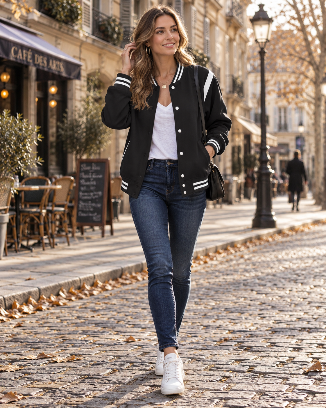 Jean Women's Varsity Bomber Jacket – Snap Front, Colour Block & Striped Trims
