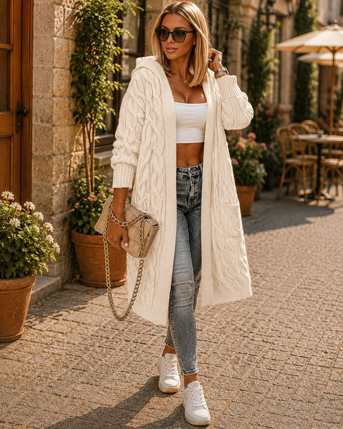 Ciaran Women's Long With Hood Cardigan – Cable Knit, Side Slip Pockets & Roomy Fit