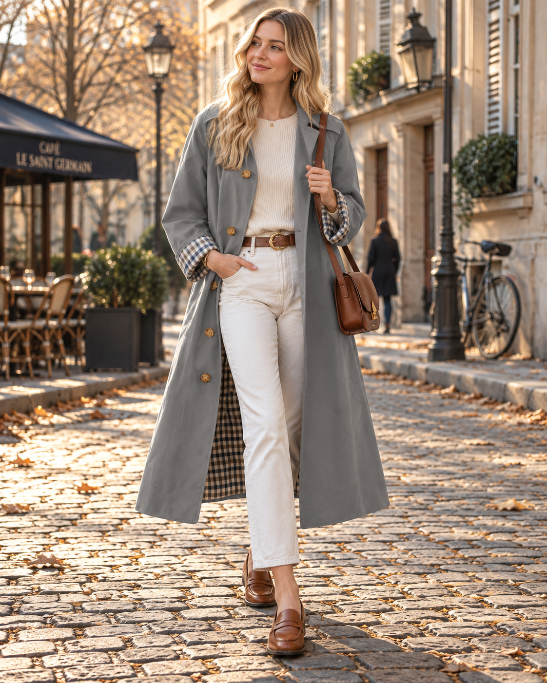 Kalinda Women's Trench Coat – Button-Up Front, Classic Collar & Plaid Lining