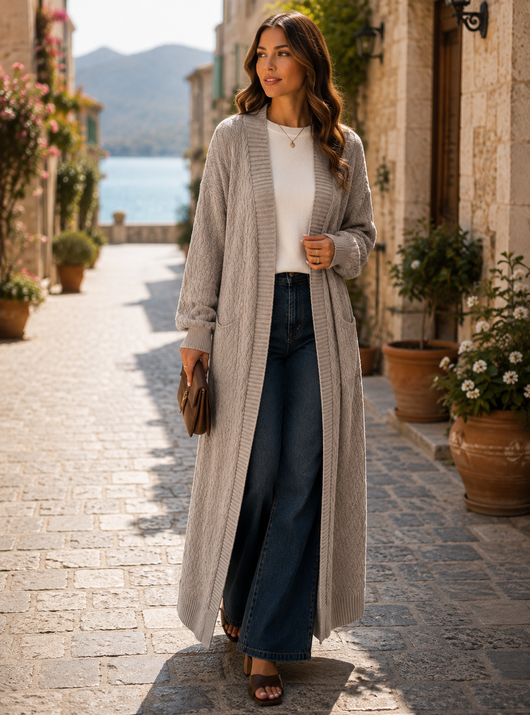 Thalassa Women's Long Knitted Cardigan – Gentle Textured Knit & Open-Front Design