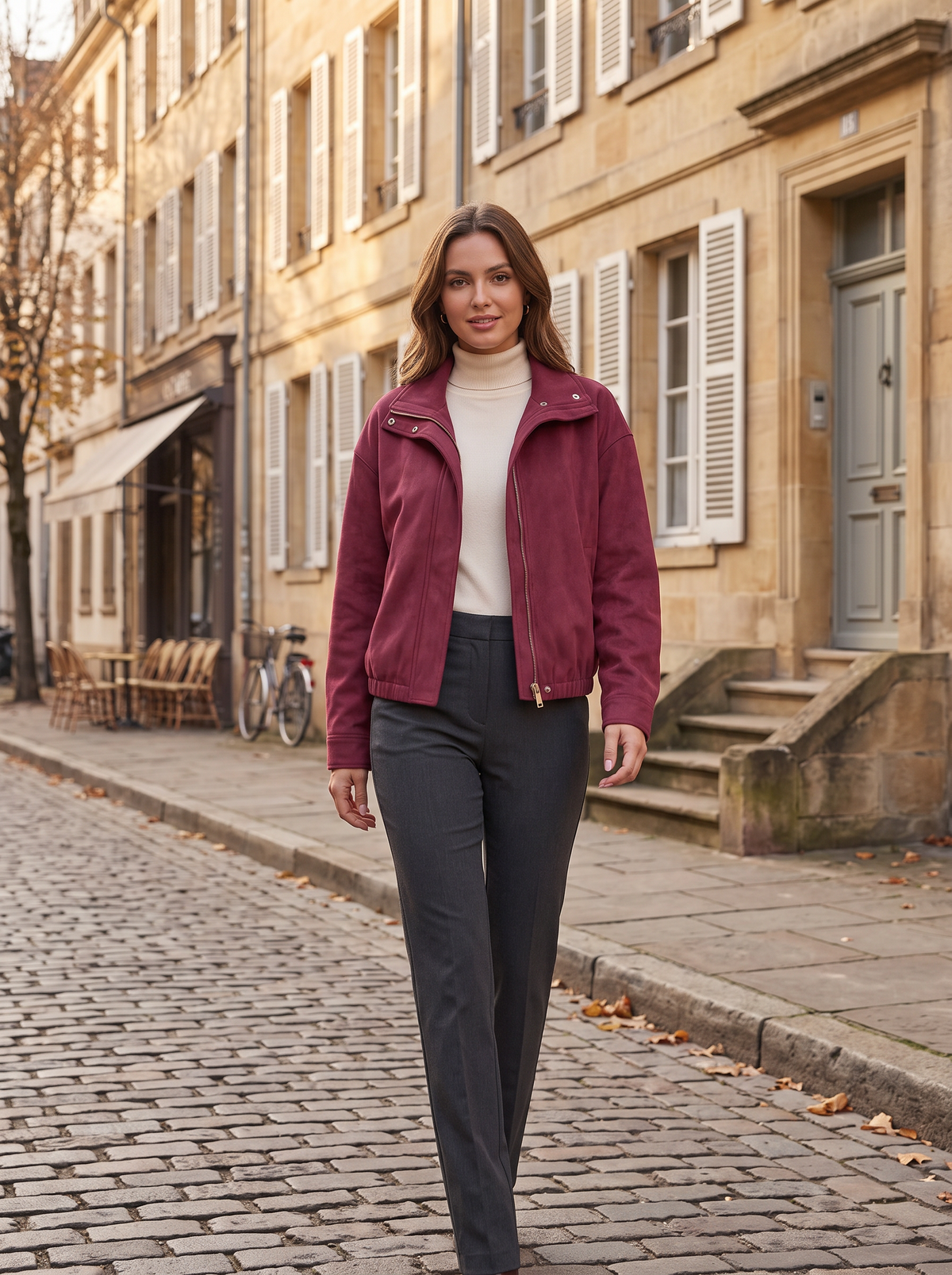 Xylia Women's Faux Suede Bomber Jacket – Cropped Fit, Notched Lapel & Zip-Up Front