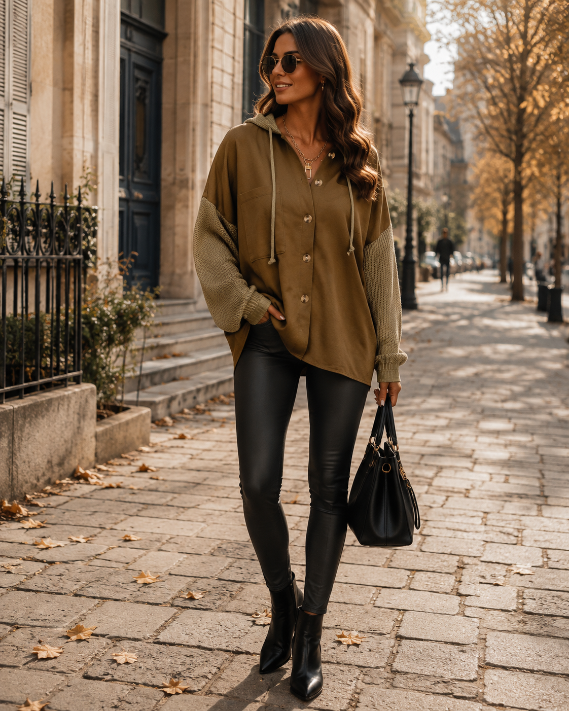 Sorcha Women's Oversized With Hood Jacket – Button-Up Front, Knit Sleeves & Chest Pocket