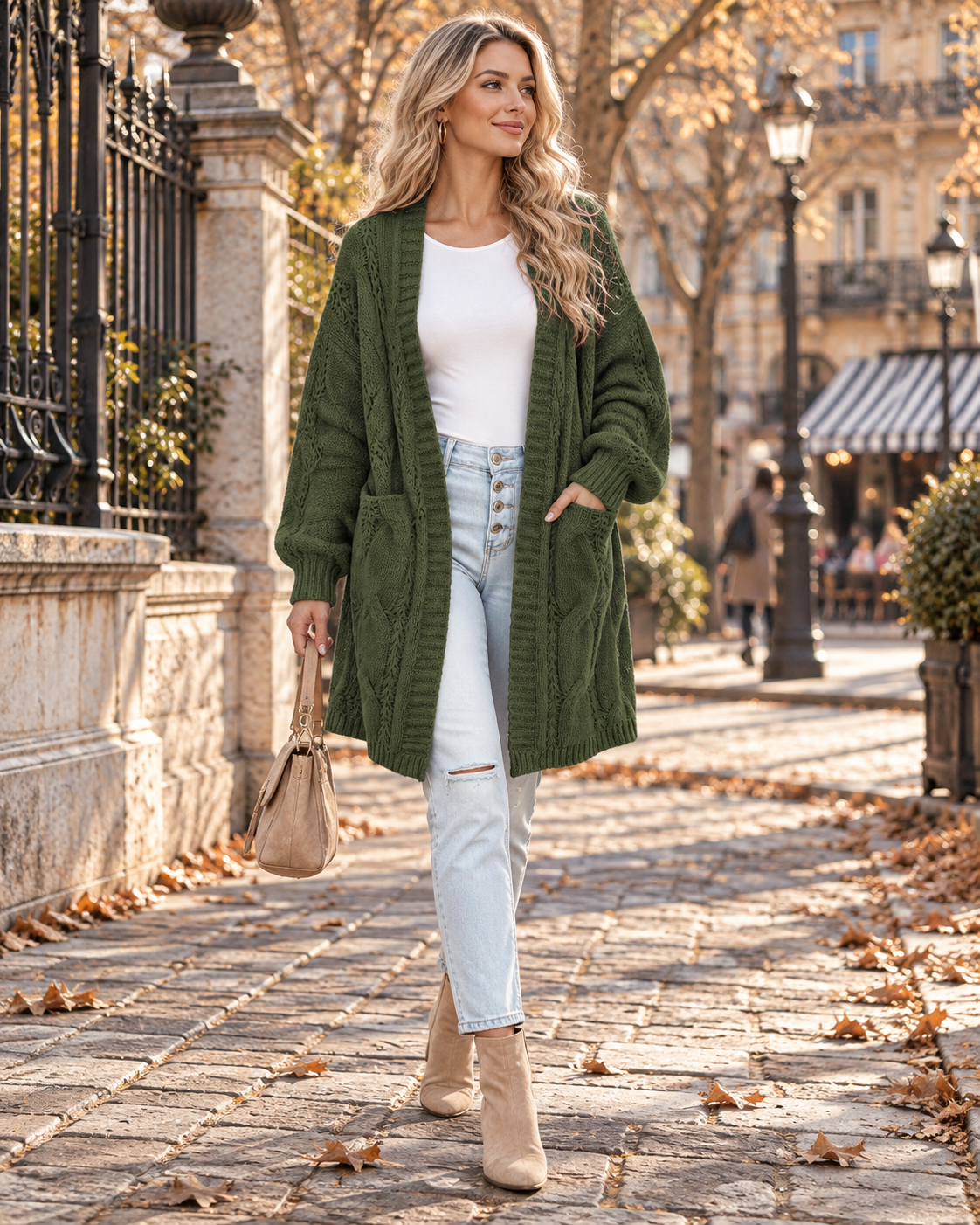Belphoebe Women's Long Knit Cardigan – Balloon Sleeves, Side Splits & Handy Pockets