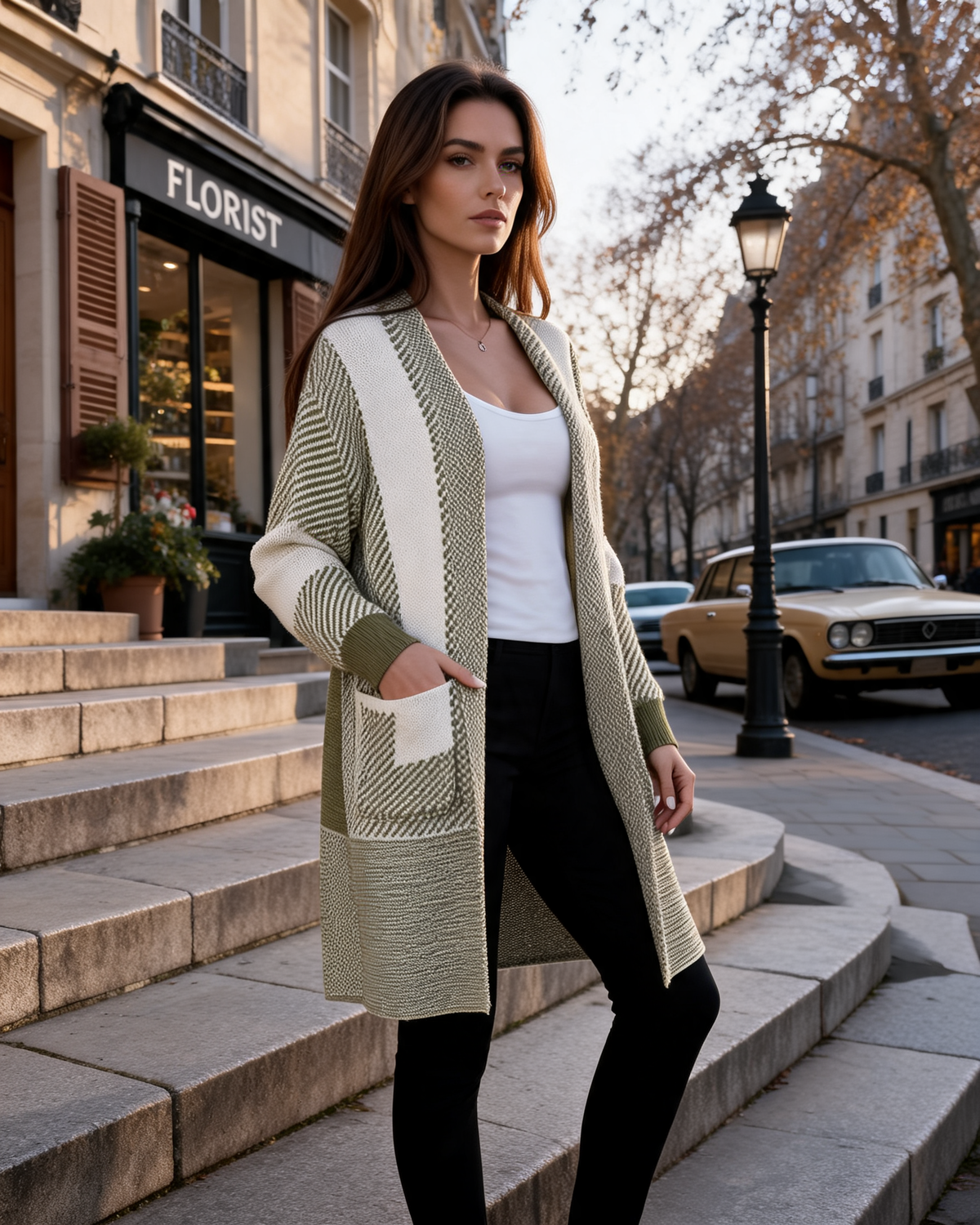 Elaine Women's Oversized Cardigan – Diagonal Pattern, Mid-Length & 2 Side Pockets