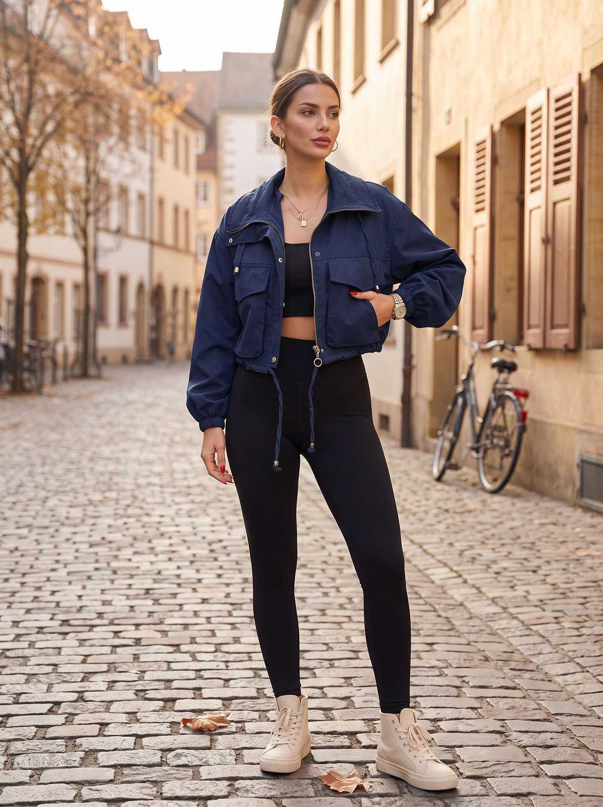 Idris Women's Cropped Jacket – Drawstring Waist, Zip & Snap Front, Flap Handy Pockets