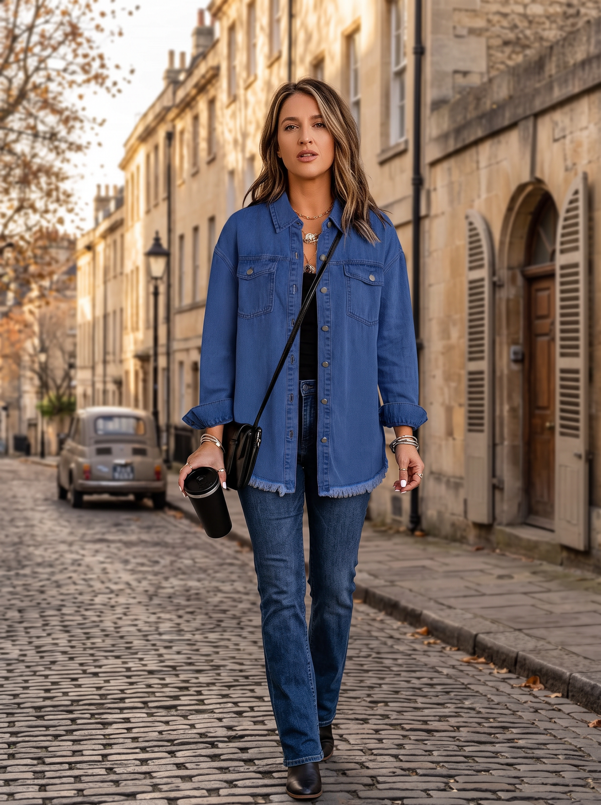 Farah Women's Oversized Denim Jacket – Boyfriend Fit, Button-Up Front & Deep Handy Pockets