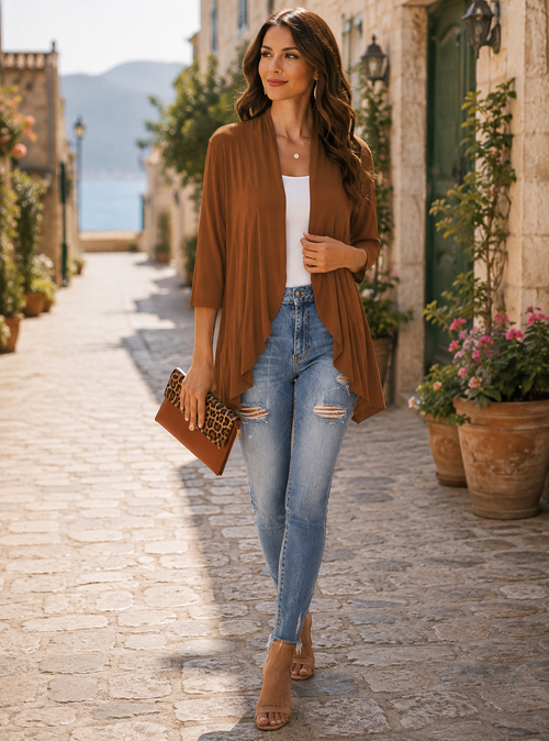 Cato Women's Cardigan – Lightweight Open-Front Design, 3/4 Sleeves & Ruffle Trim