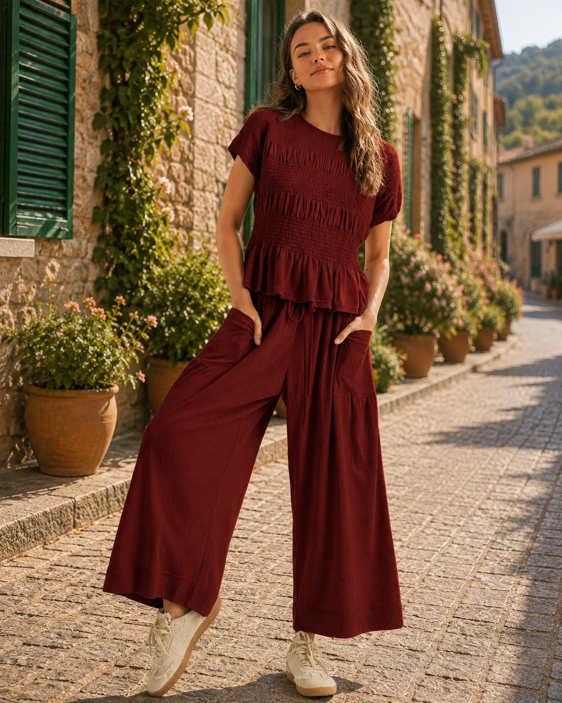 Brogan Women's Two-Piece Set – Smocked Top, Wide-Leg Pants & Side Slip Pockets