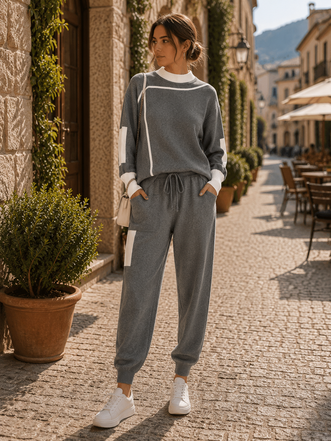 Rilke Women's Knit Set – Patchwork Sweater, Matching Trousers & Easy Fit