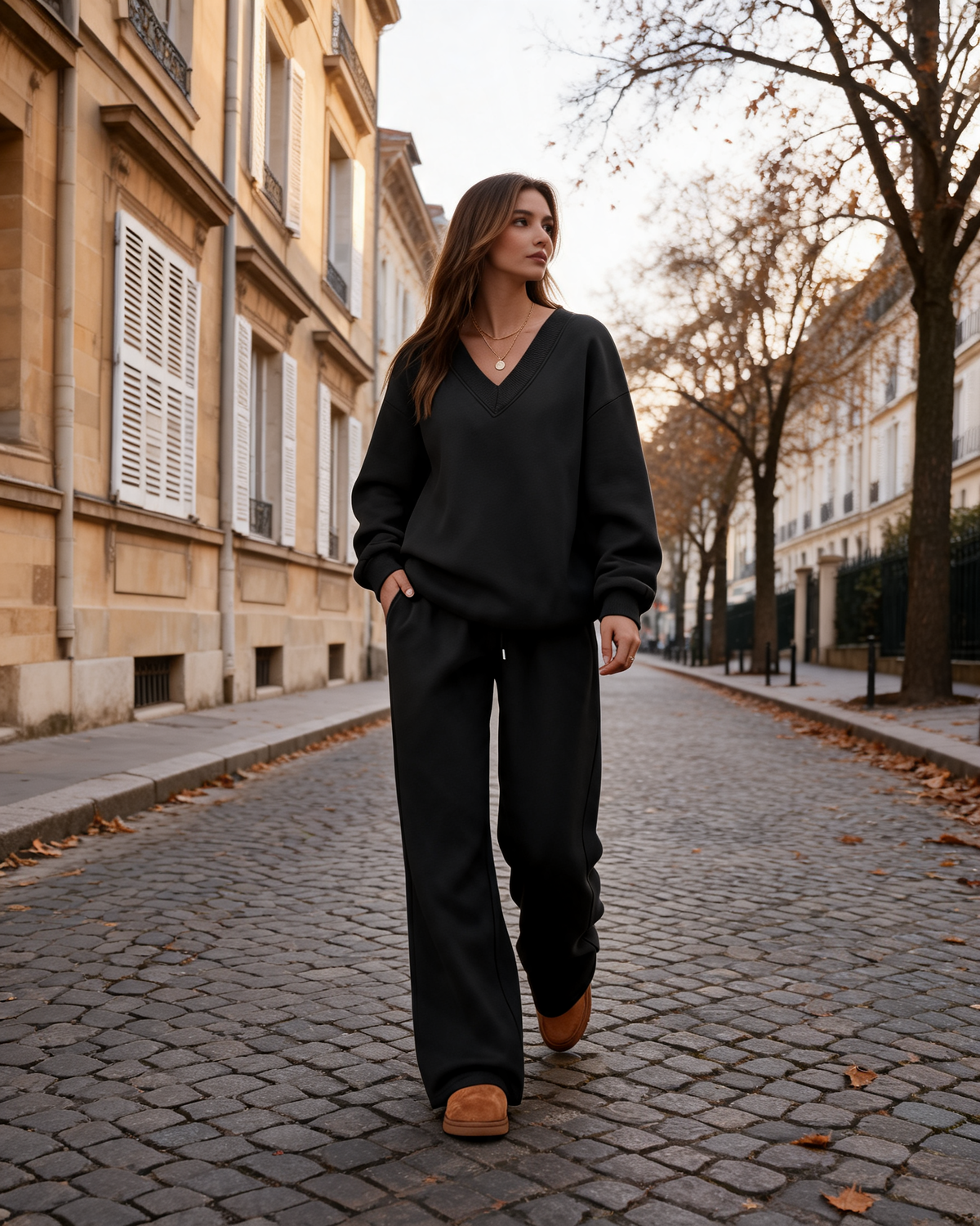 Elodie Women's 2-Piece Lounge Set – V-Neck Sweatshirt & Wide-Leg Sweatpants