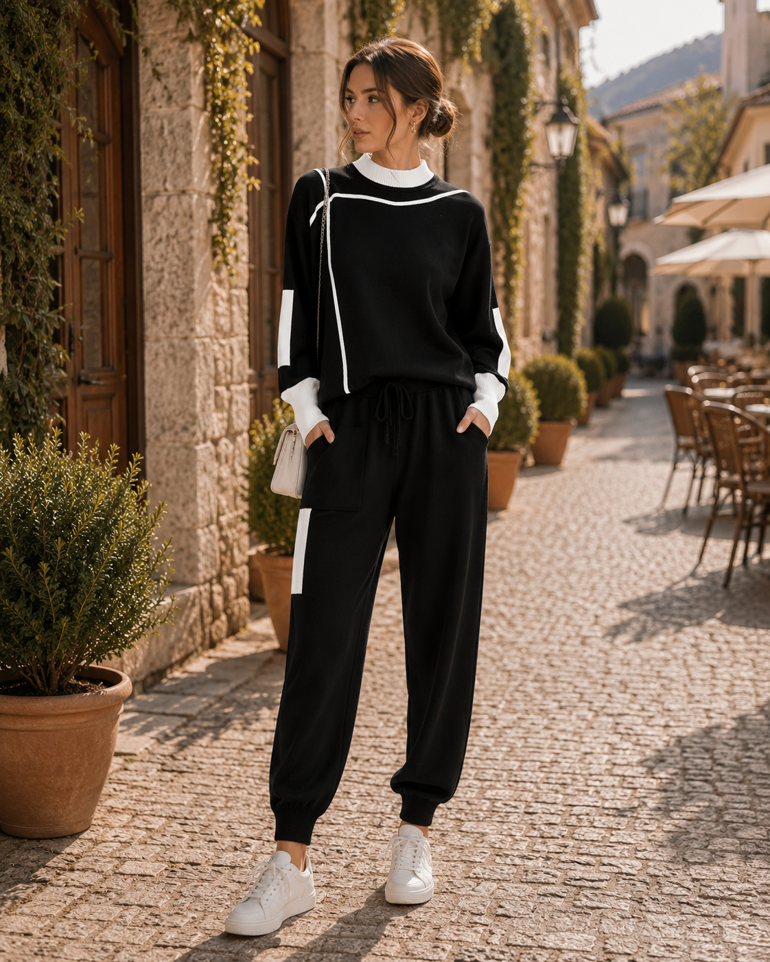 Rilke Women's Knit Set – Patchwork Sweater, Matching Trousers & Easy Fit