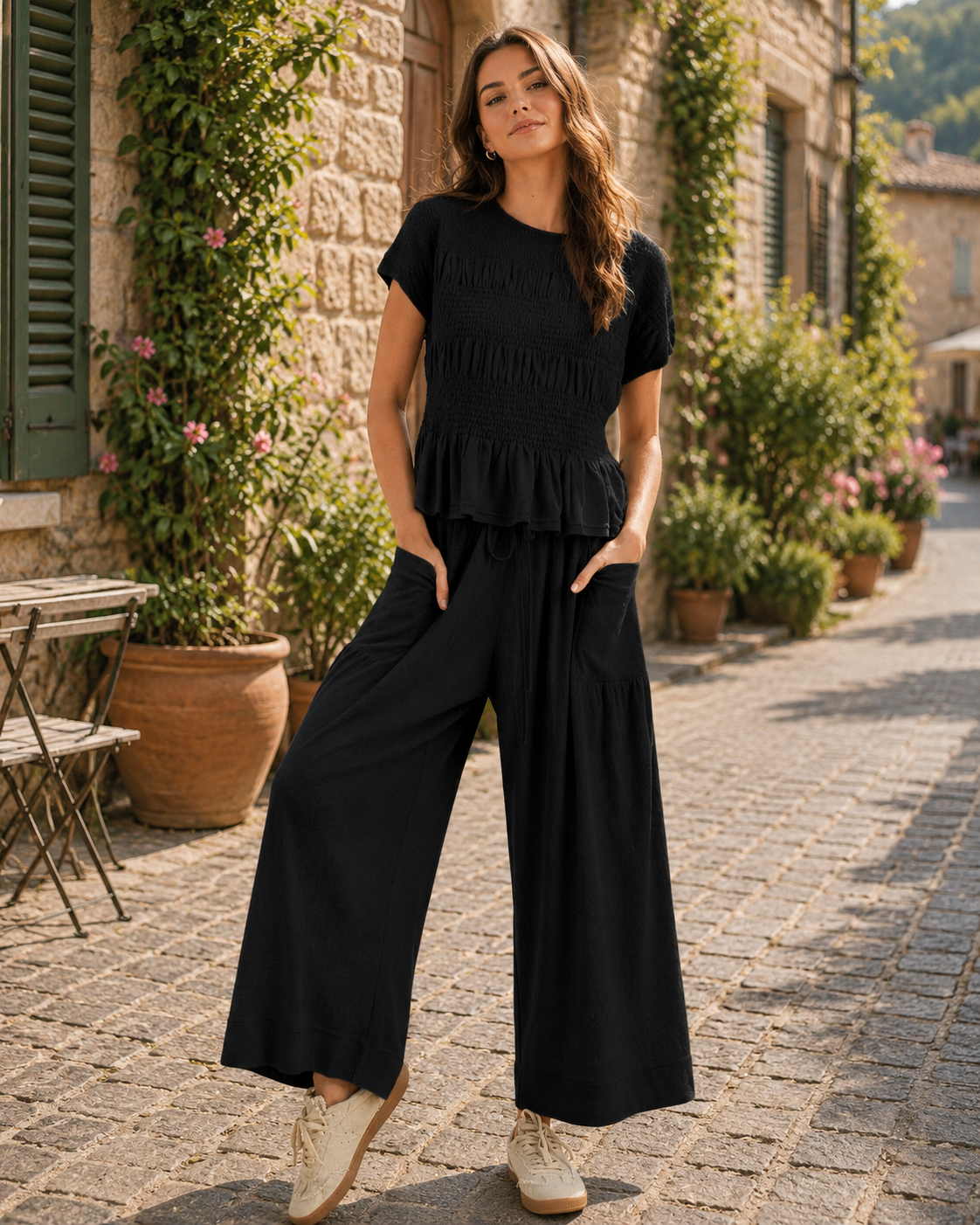 Brogan Women's Two-Piece Set – Smocked Top, Wide-Leg Pants & Side Slip Pockets