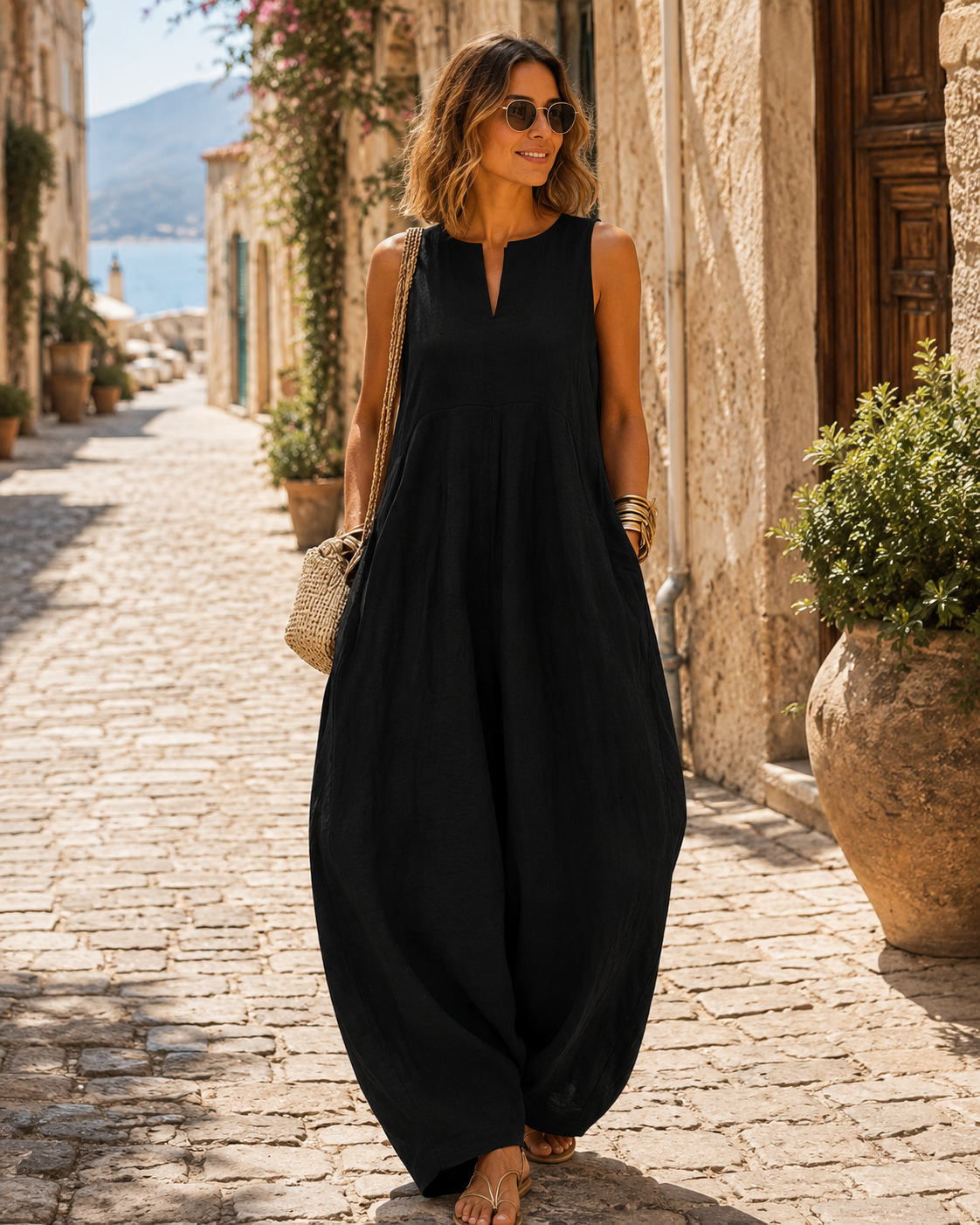 Branwen Women's Jumpsuit – Sleeveless V-Neckline, Wide-Leg Design & Handy Pockets